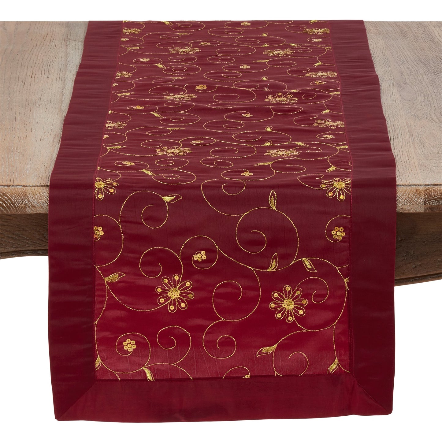 Everyday / All Season Burgundy Embroidered and Sequined Table Runner, 100% Polyester