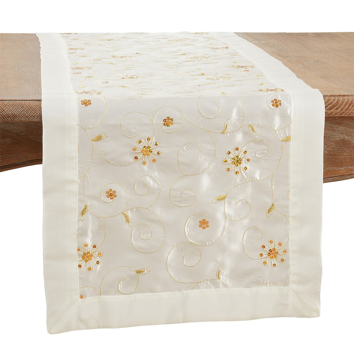 Everyday / All Season Ivory Off-White Embroidered and Sequined Table Runner, 100% Polyester