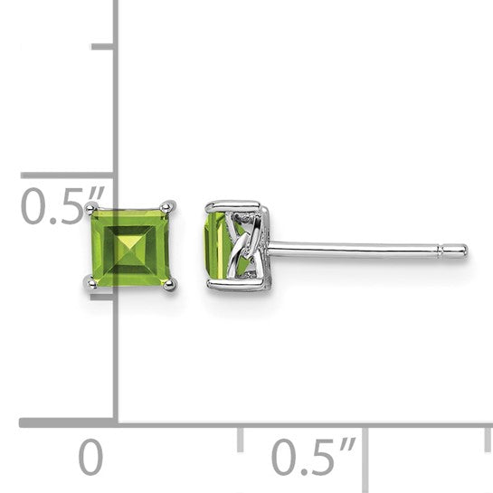 925 Sterling Silver 4mm Princess Peridot Post Earrings, 5mm x 5mm