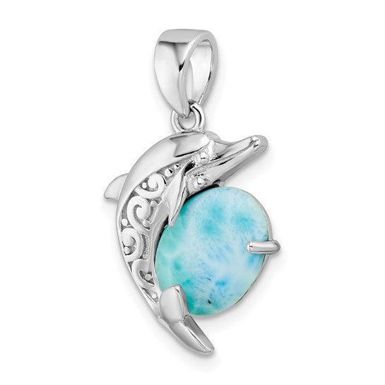 925 Sterling Silver Larimar Oval Shape Dolphin Pendant 2.8 gm