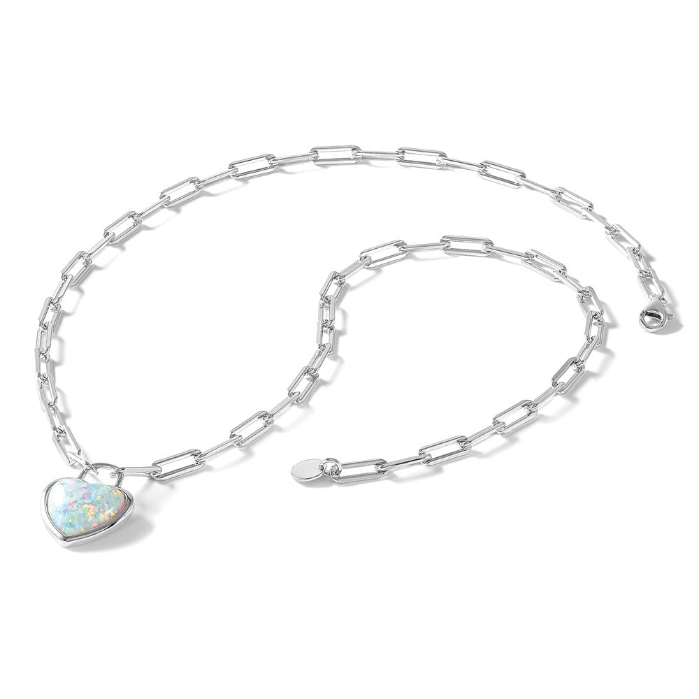 925 Sterling Silver RH Polished Created Opal Heart Paperclip Link Necklace