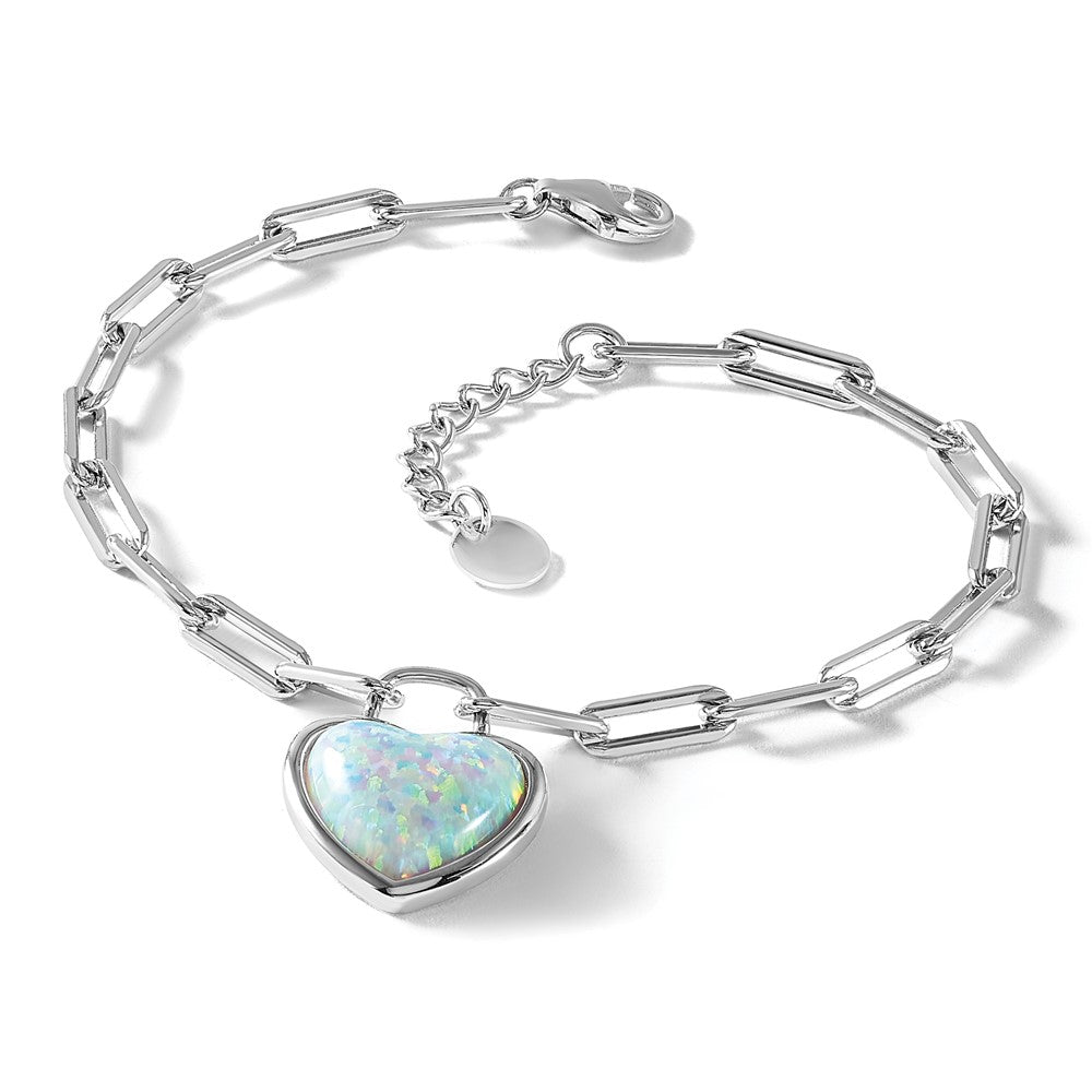 925 Sterling Silver RH Polished Created Opal Heart Paperclip Link w 1" Extension Bracelet