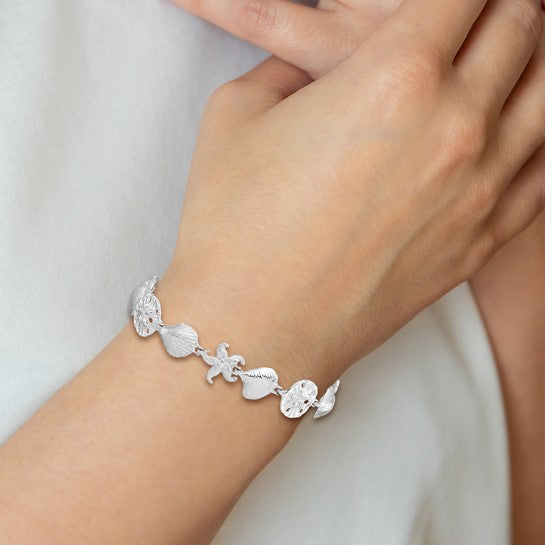 Million Charms 925 Sterling Silver Sea Life Shell, Starfish, Clam & Sand Dollar Charm Link Bracelet, 7" Length