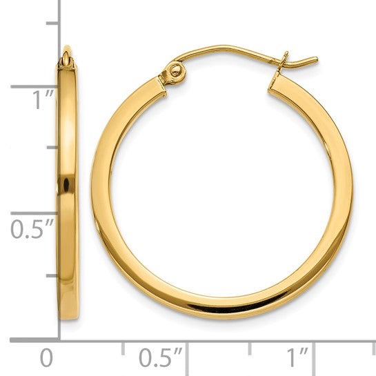 Million Charms 14k Yellow Gold 2mm Square Tube Hoop Earrings, 25mm x 2mm