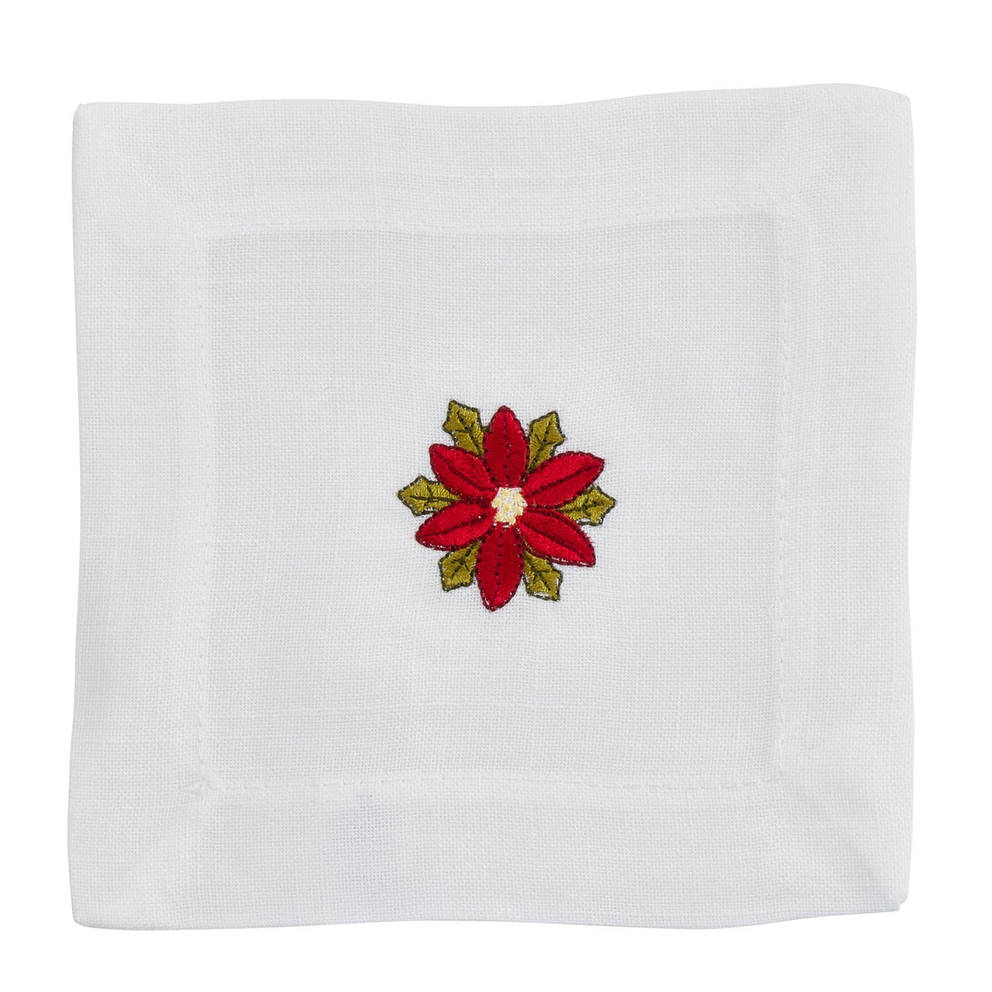 White Embroidered Poinsettia Napkins Coaster 100% Polyester, 6 Inch Square (12 pcs.)