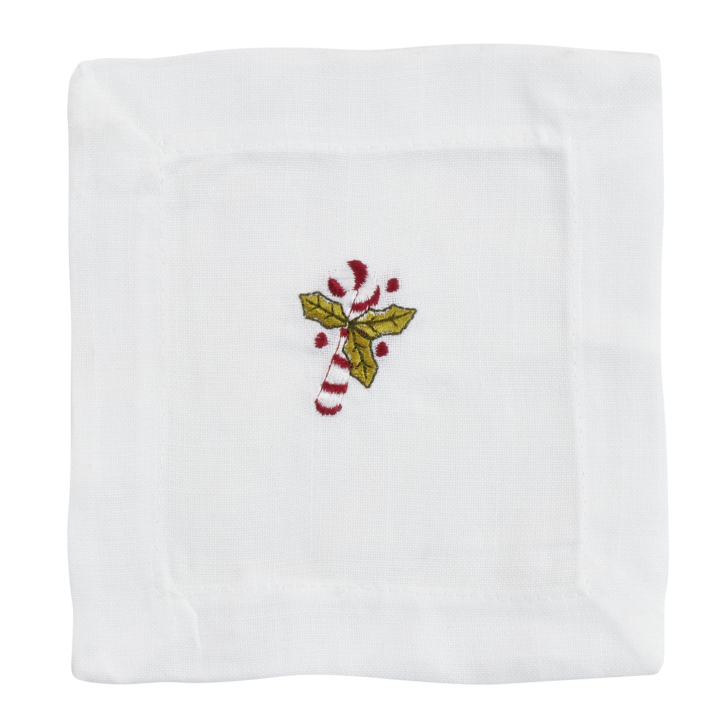 White Embroidered Candy Cane Coaster Napkin 100% Polyester, 6 Inch Square (12 pcs.)