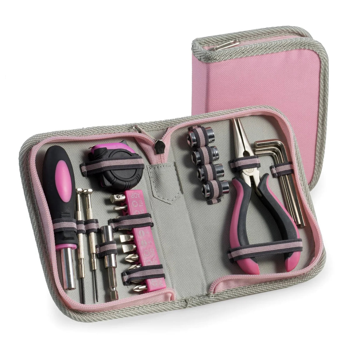Occasion Gallery Pink Color 23 pc. Tool Set in Pink Canvas Case. Includes Hex Keys, Screwdriver Set, Socket Set, Socket Adaptor, 3' Tape Measure in Metric & Standard, Long Nose & Straight Slot & Phillips Jewelers Screwdrivers. 4.5 L x 6 W x 1.25 H in.