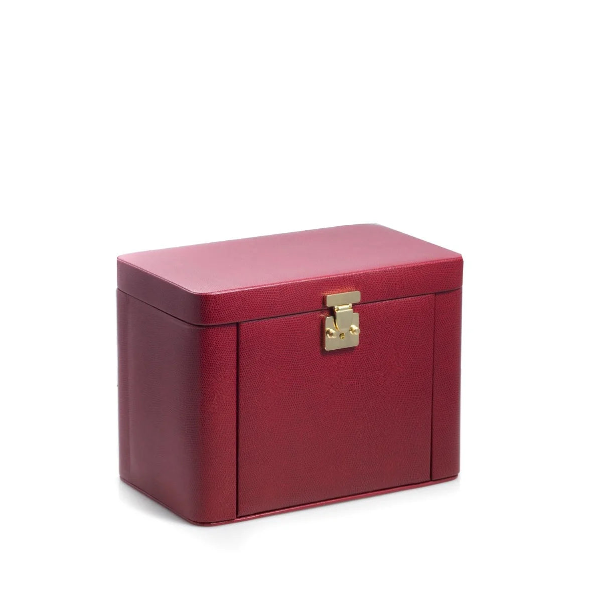 Occasion Gallery Red "Lizard" Leather 4 Level Jewelry Box w/ Travel Pouch. Multi Compartments, Mirror, Drawers, Watch or Bracelet Pillows & Dividers, Fold Out Side Compartments, Necklace Hooks, Velour Lined & Locking Closure. 12.5 L x 7.5 W x 9.5 H in.