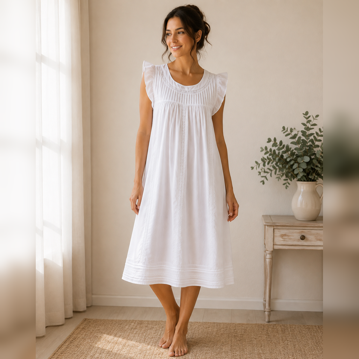 Taleen White 100% Cotton Embroidered Nightgown Nightdress