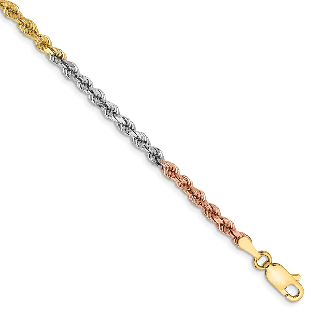 Million Charms 14k Tri-Color 2.9mm Diamond-Cut Rope Chain, Chain Length: 7 inches