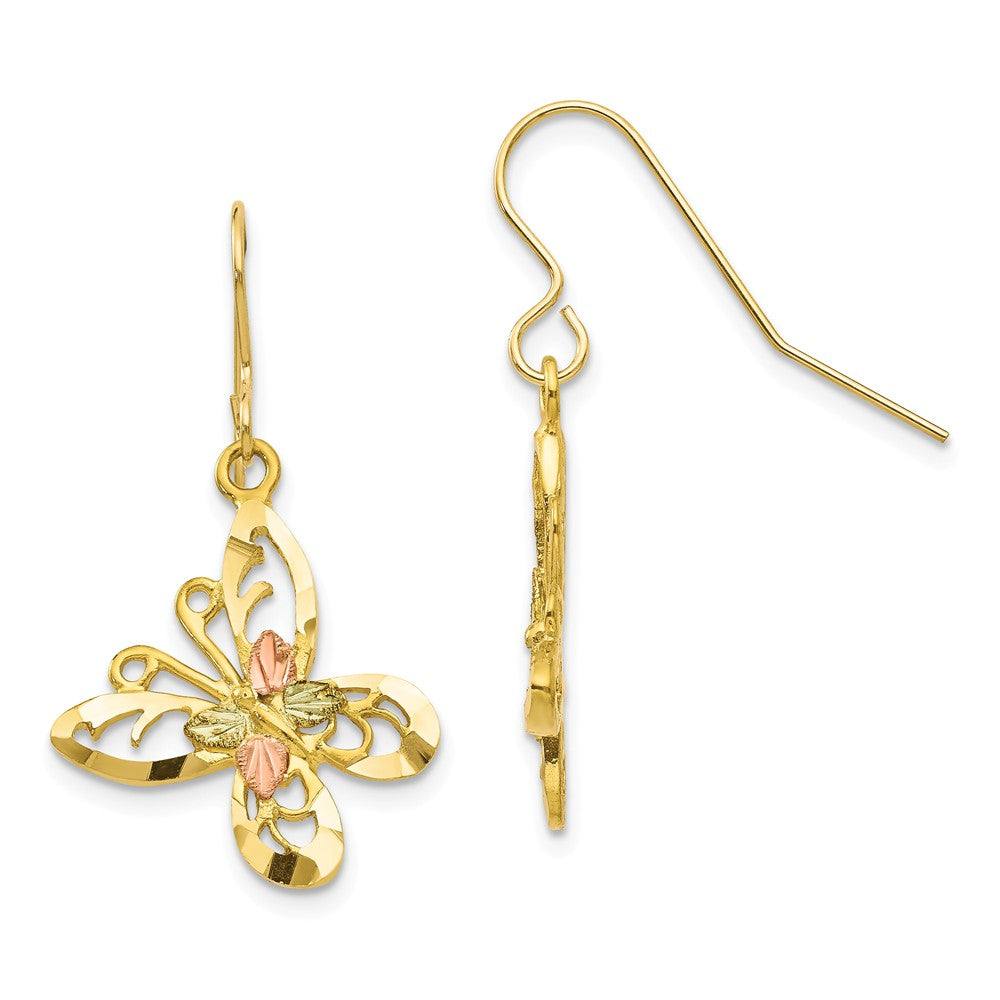 Black Hills Gold 10k Yellow Gold Tri-color Butterfly Shepherd Hook Earrings, 31mm x 18mm