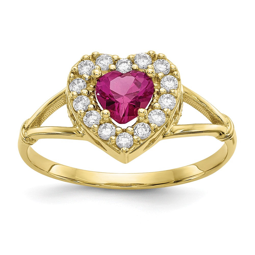10k Yellow Gold Red & White CZ Heart Ring, Size: 7