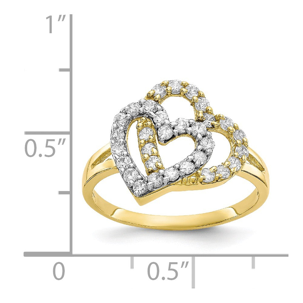 Anillo de doble corazón de oro de 10k y rodio con circonitas, talla: 6