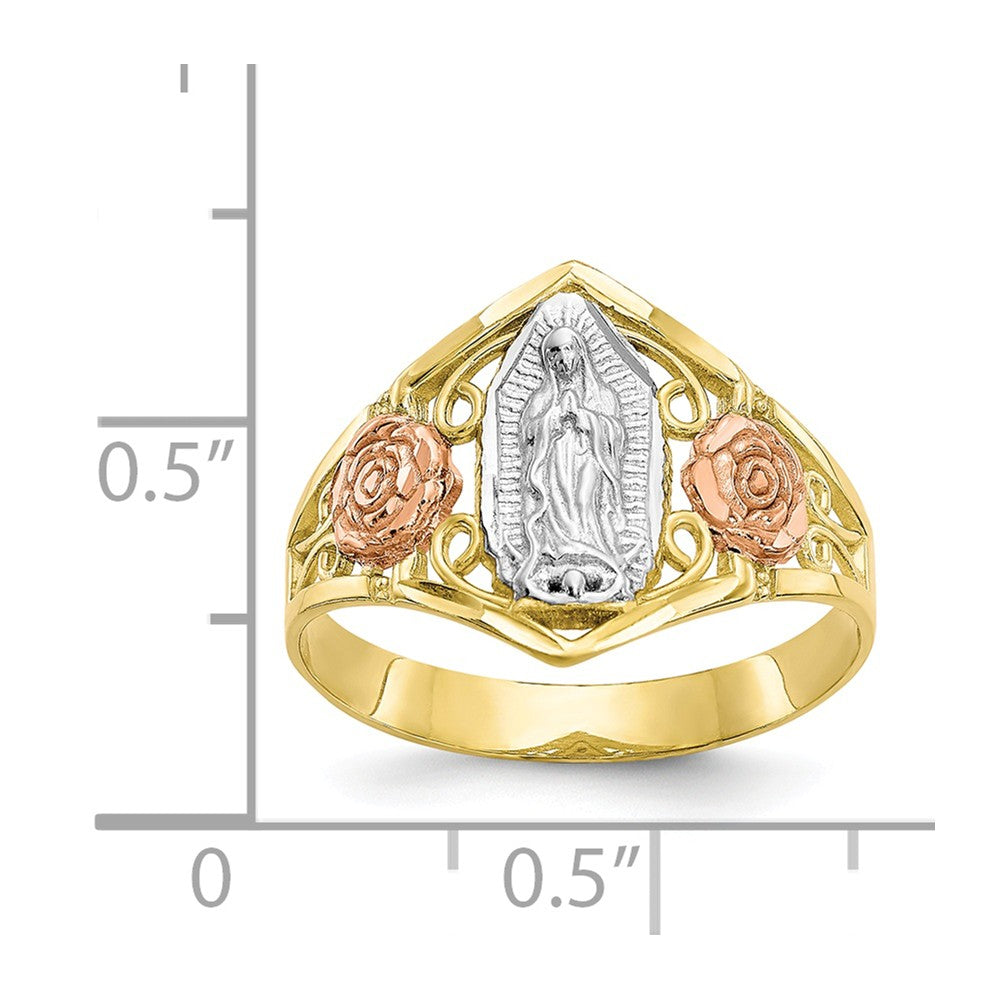 Anillo de Nuestra Señora de Guadalupe en oro de dos tonos y rodio de 10k, talla: 6