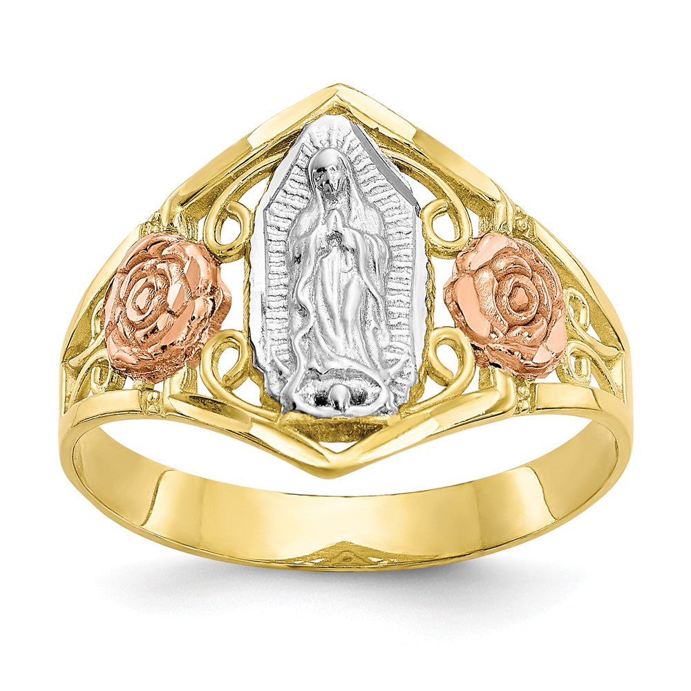 Anillo de Nuestra Señora de Guadalupe en oro de dos tonos y rodio de 10k, talla: 6