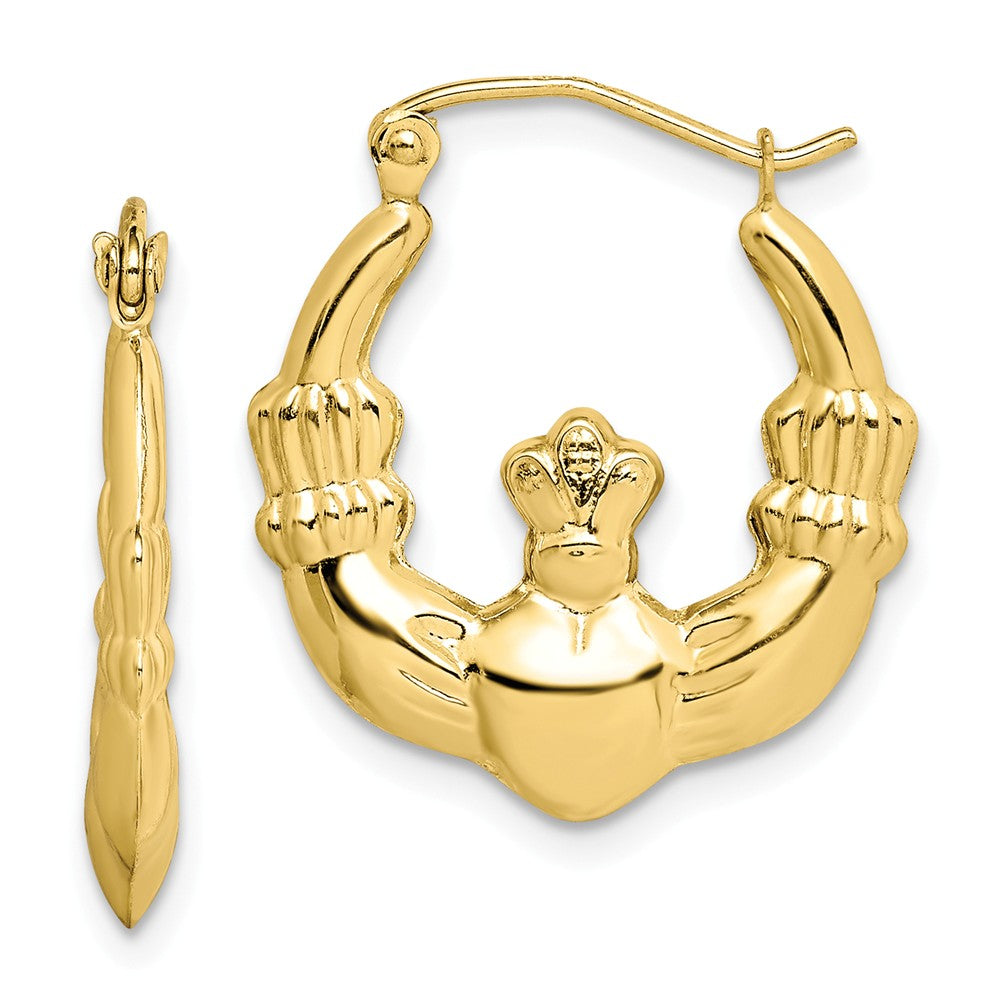 Million Charms 10k Yellow Gold Polished Claddagh Hoop Earrings, 21.97mm x 19.92mm