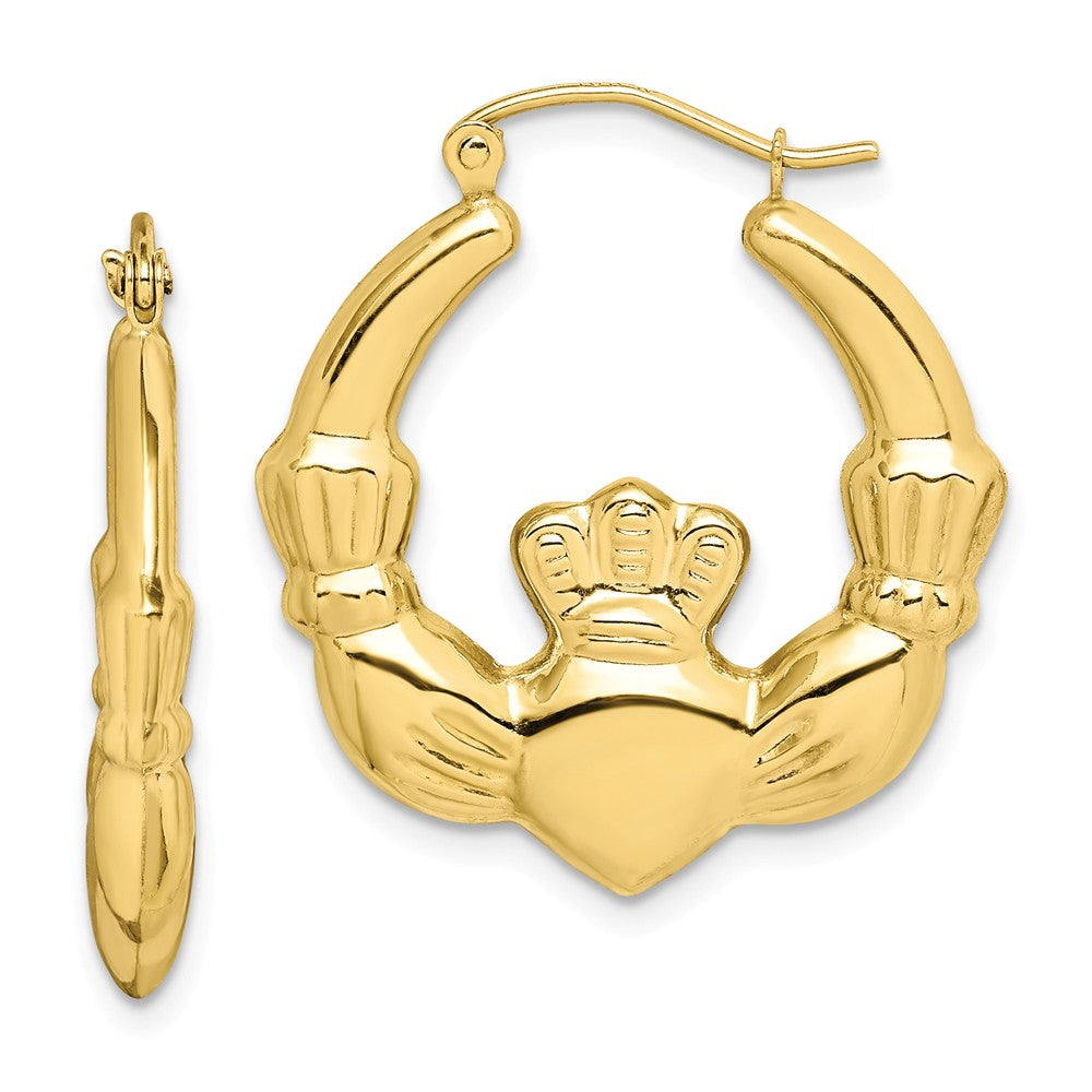 Million Charms 10k Yellow Gold Polished Claddagh Hoop Earrings, 27.18mm x 25.15mm