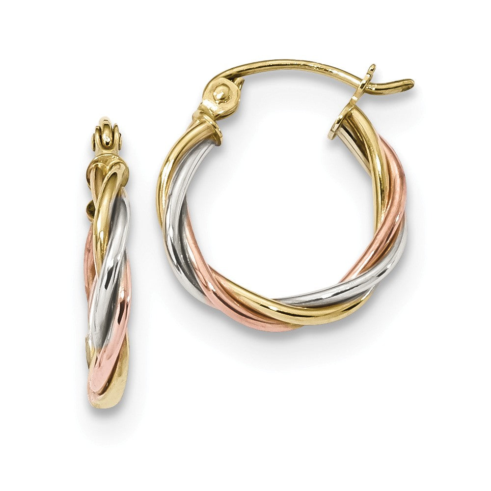 Million Charms 10k Tri-color Polished 2.5mm Twisted Hoop Earrings, 16.28mm x 14.7mm