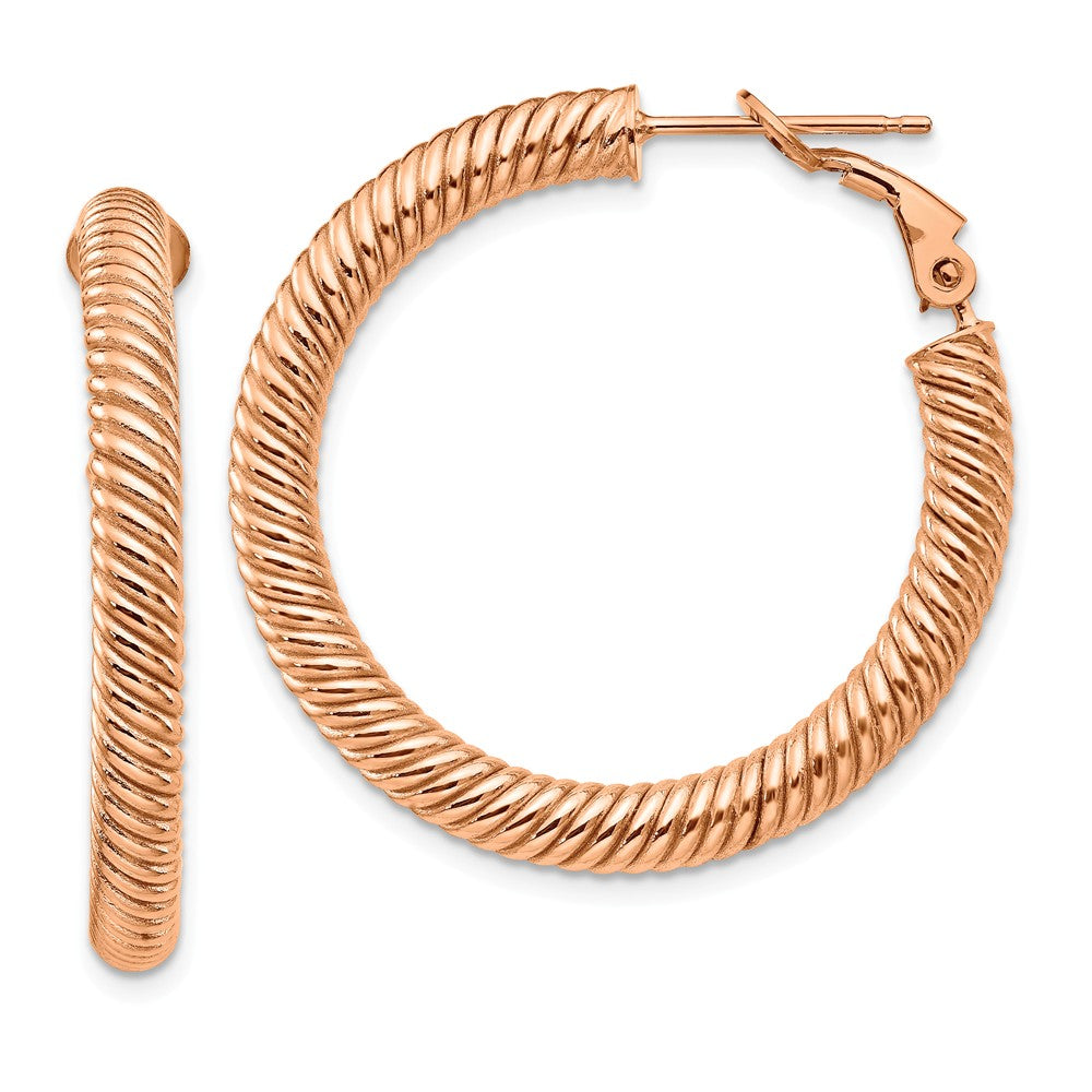 Million Charms 10k 4x25 Rose Gold Twisted Round Omega Back Hoop Earrings, 33.5mm x 33mm