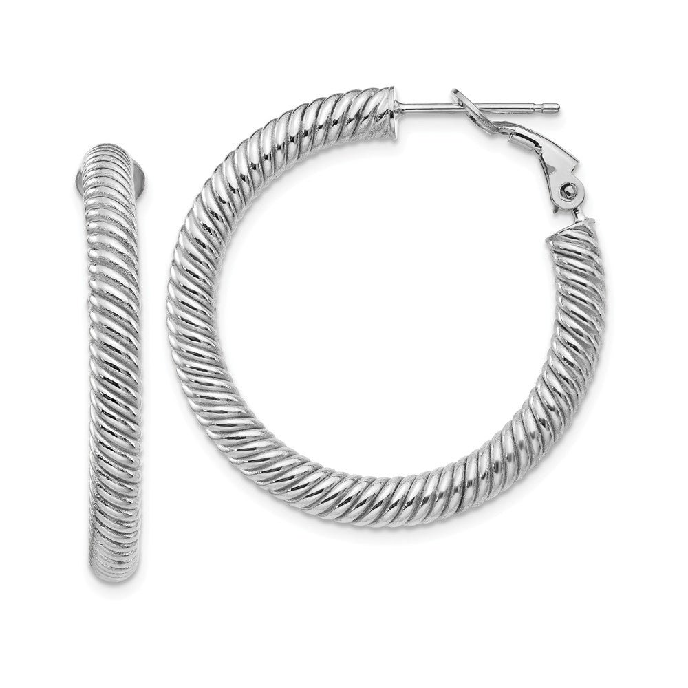 Million Charms 10k 4x25 White Gold Twisted Round Omega Back Hoop Earrings, 33.5mm x 33mm