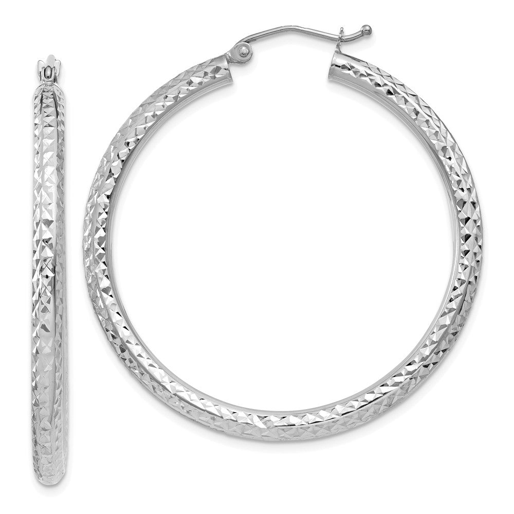 Million Charms 10k White Gold Diamond-cut 3mm Round Hoop Earrings, 35mm x 3mm