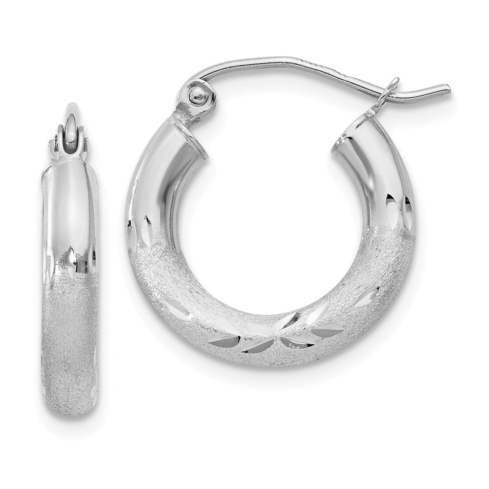 Million Charms 10k White Gold Satin & Diamond-cut 3mm Round Hoop Earrings, 10mm x 3mm