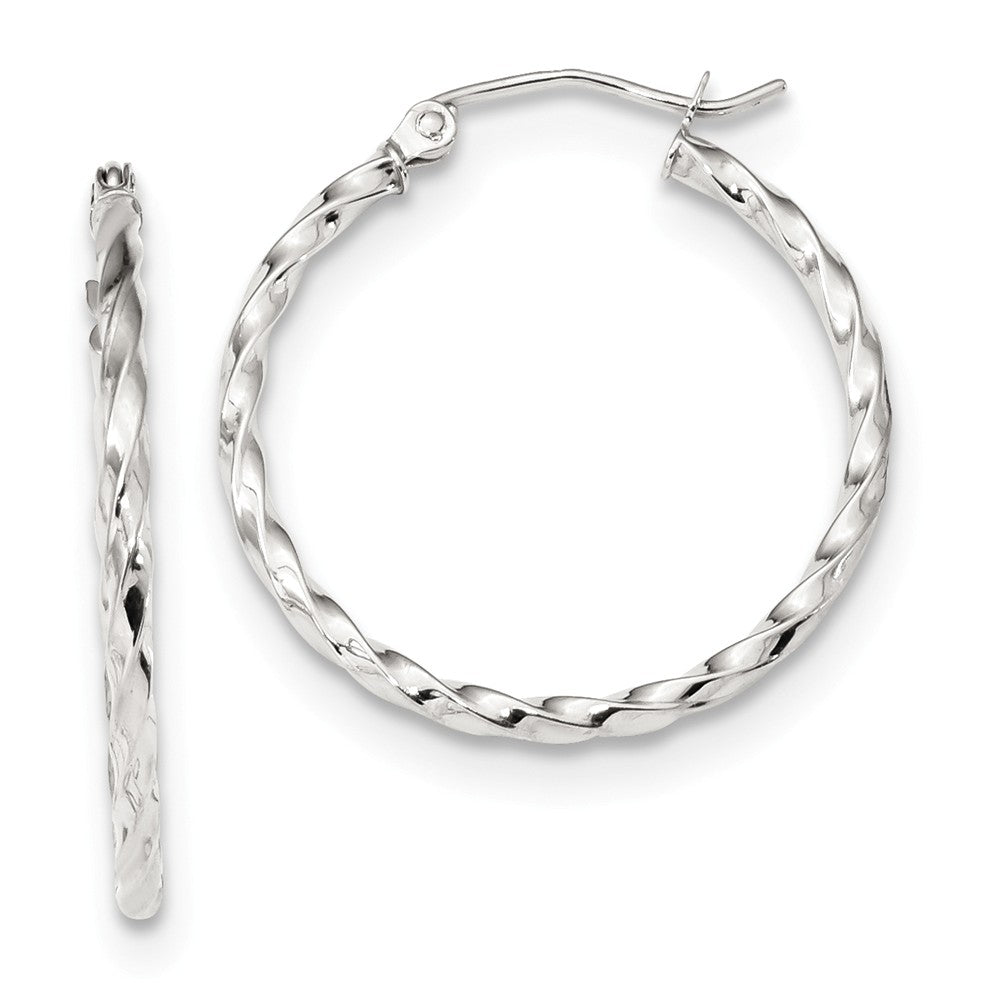 Million Charms 10k White Gold Twist Polished Hoop Earring, 26.65mm x 25.09mm