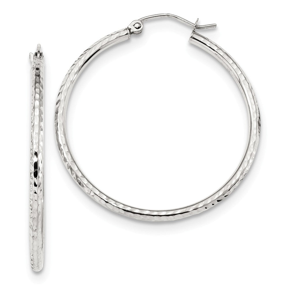 Million Charms 10k White Gold Diamond-cut 2mm Round Tube Hoop Earrings, 36.77mm x 34.86mm