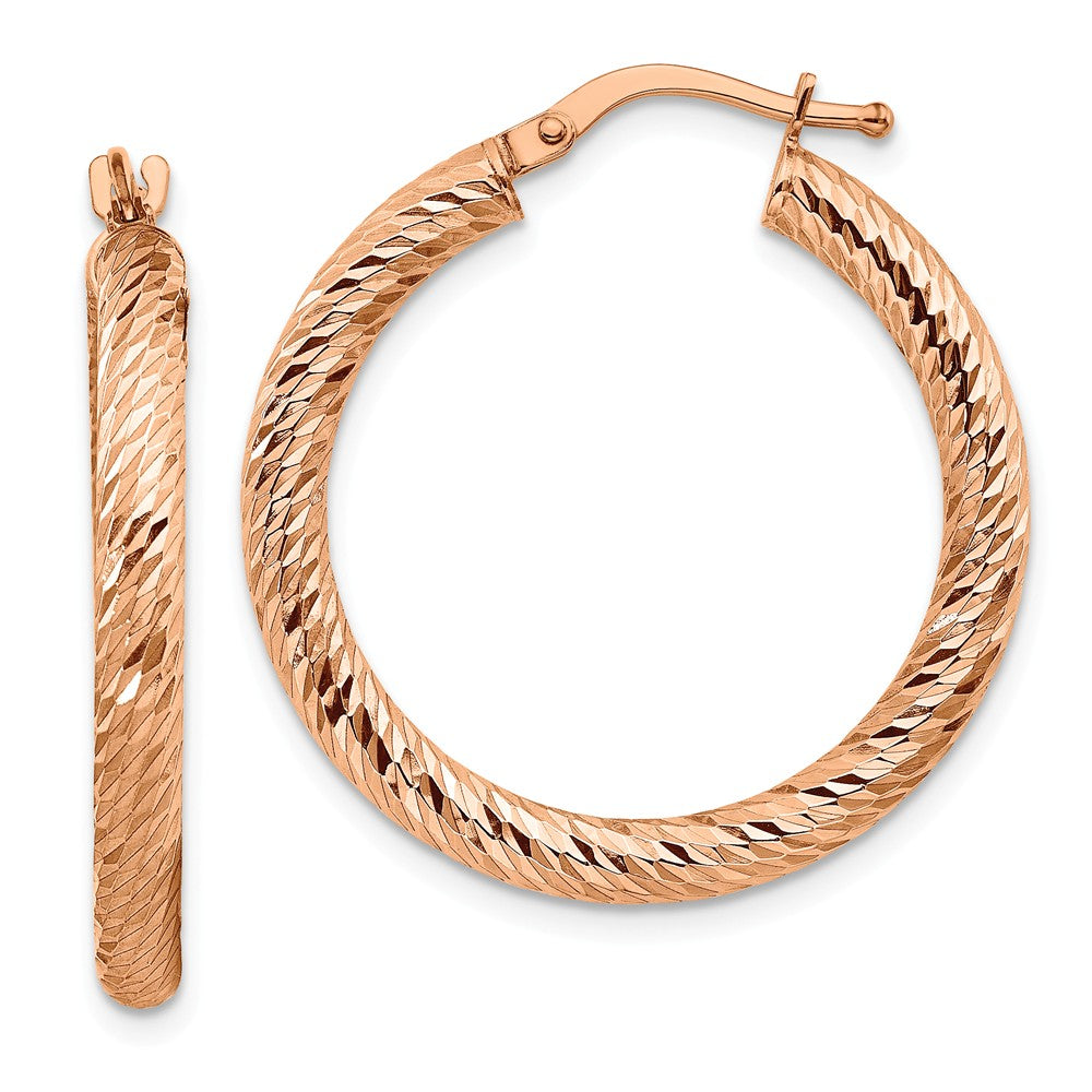 Million Charms 10k 3x20 Rose Gold Diamond-cut Round Hoop Earrings, 28mm x 26.8mm