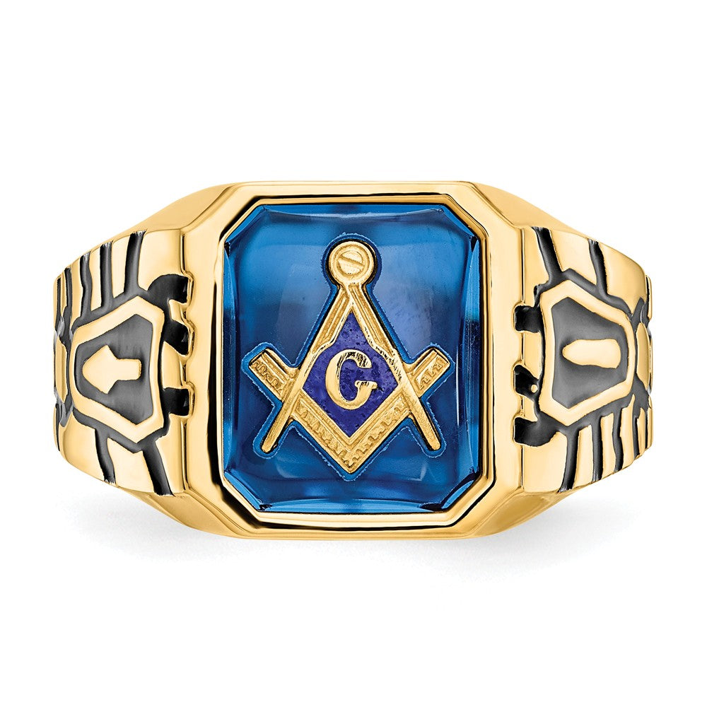 10k Yellow Gold Blue Acrylic Men's Masonic Ring, Size: 10