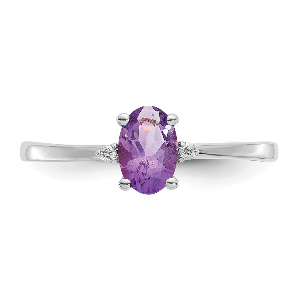 10k White Gold Polished Geniune Diamond & Amethyst Birthstone Ring, Size: 6