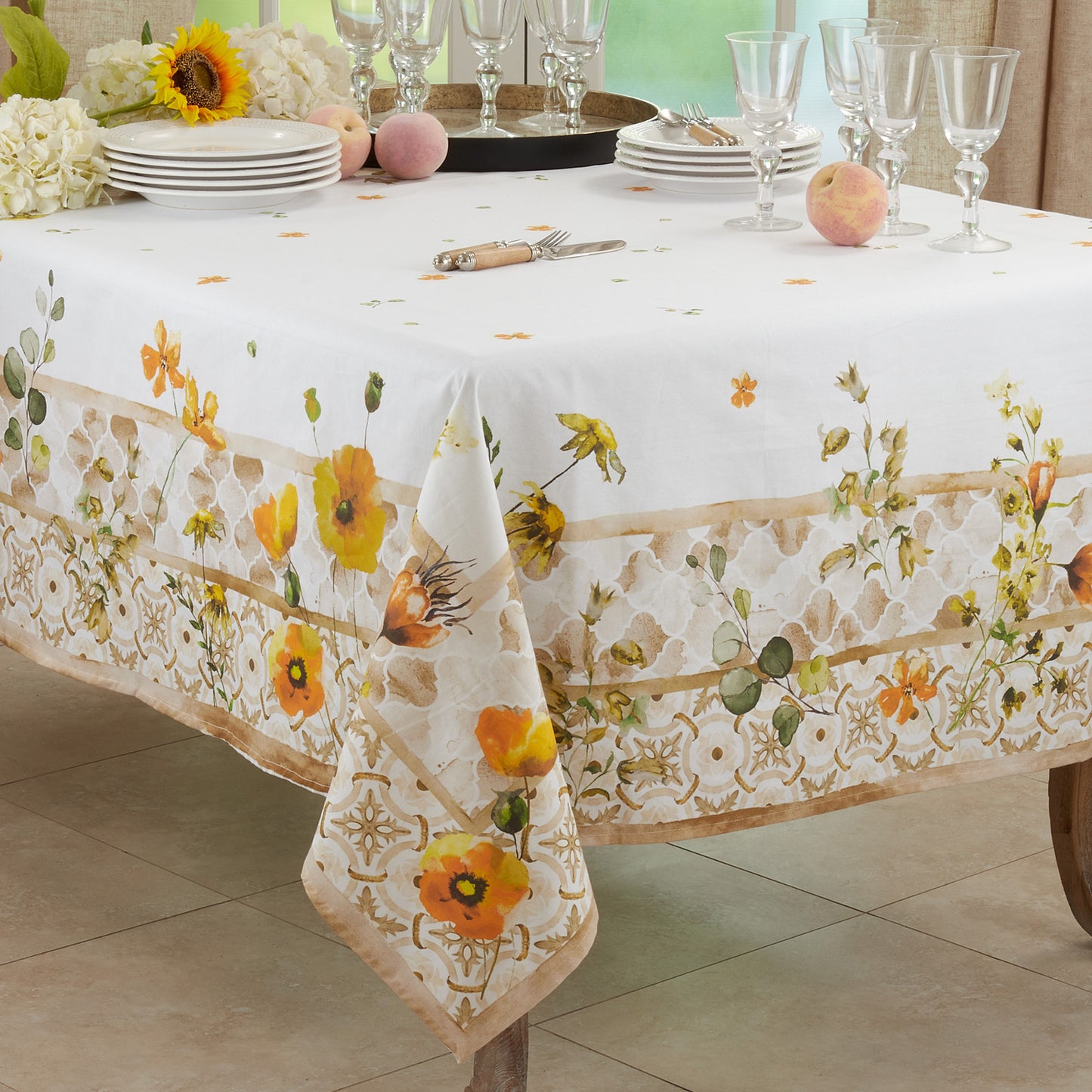 Multi Color Floral Block Print Tablecloth, 100% Cotton, 70" Square