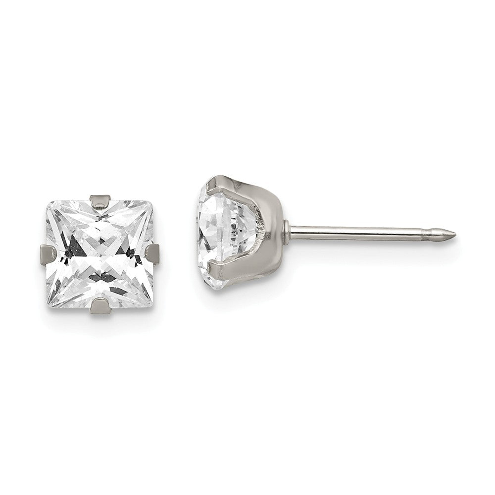 Inverness Stainless Steel 7mm Faceted Square Cubic Zirconia ( CZ ) Earrings, 7mm x 7mm