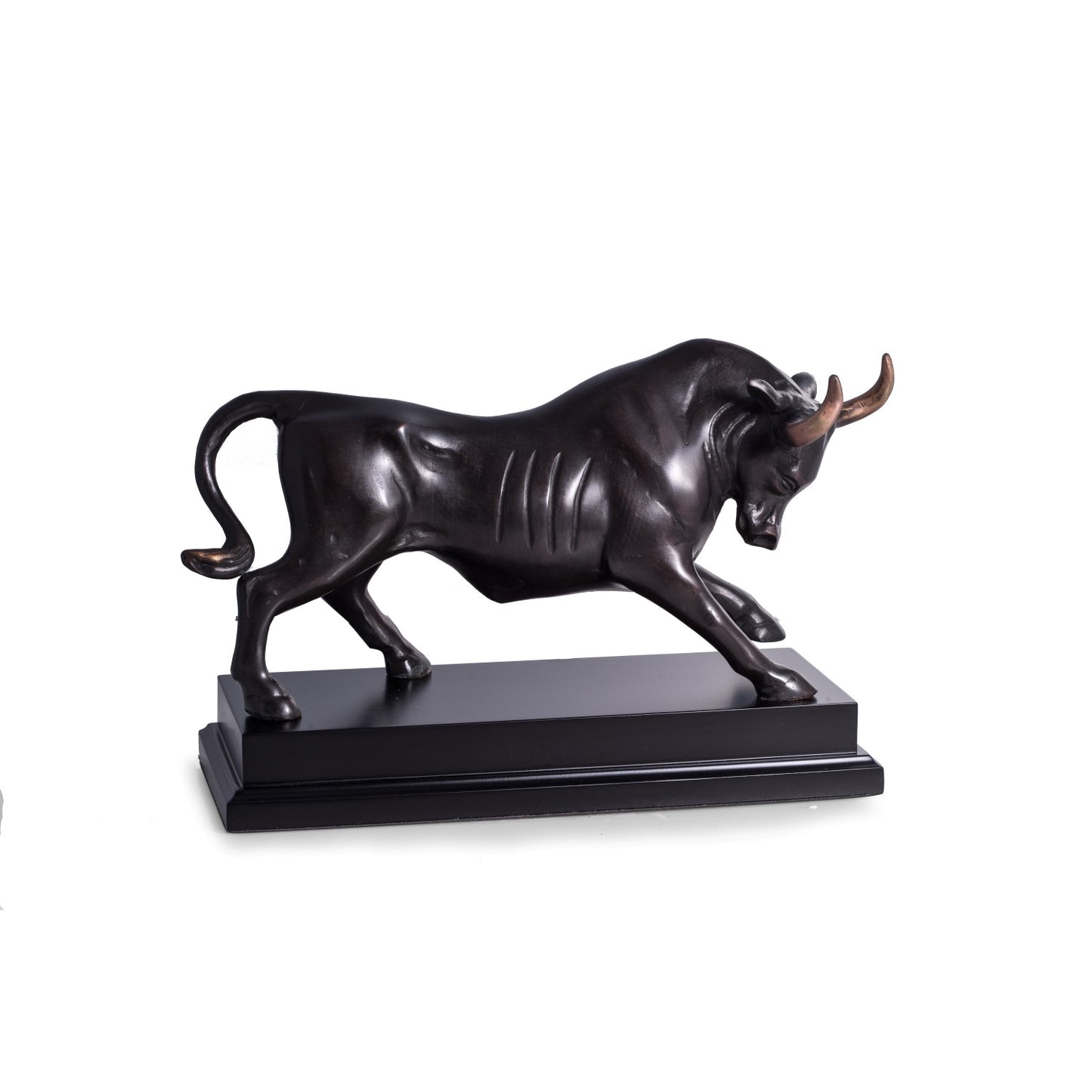 Occasion Gallery Brass/Black Color Brass Raging Bull Sculpture on Black Wood Base. 14.5 L x 5.5 W x 9 H in.