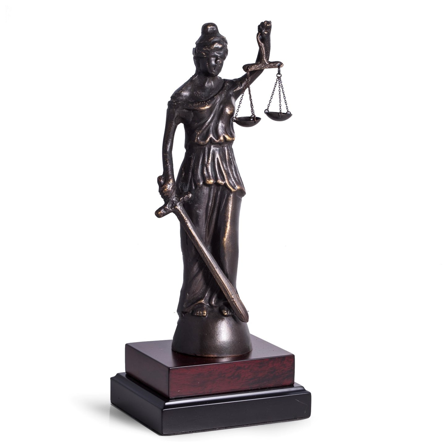 Occasion Gallery Brass Color Brass Lady Justice Sculpture on Wood Base. 5 L x 4.25 W x 13 H in.