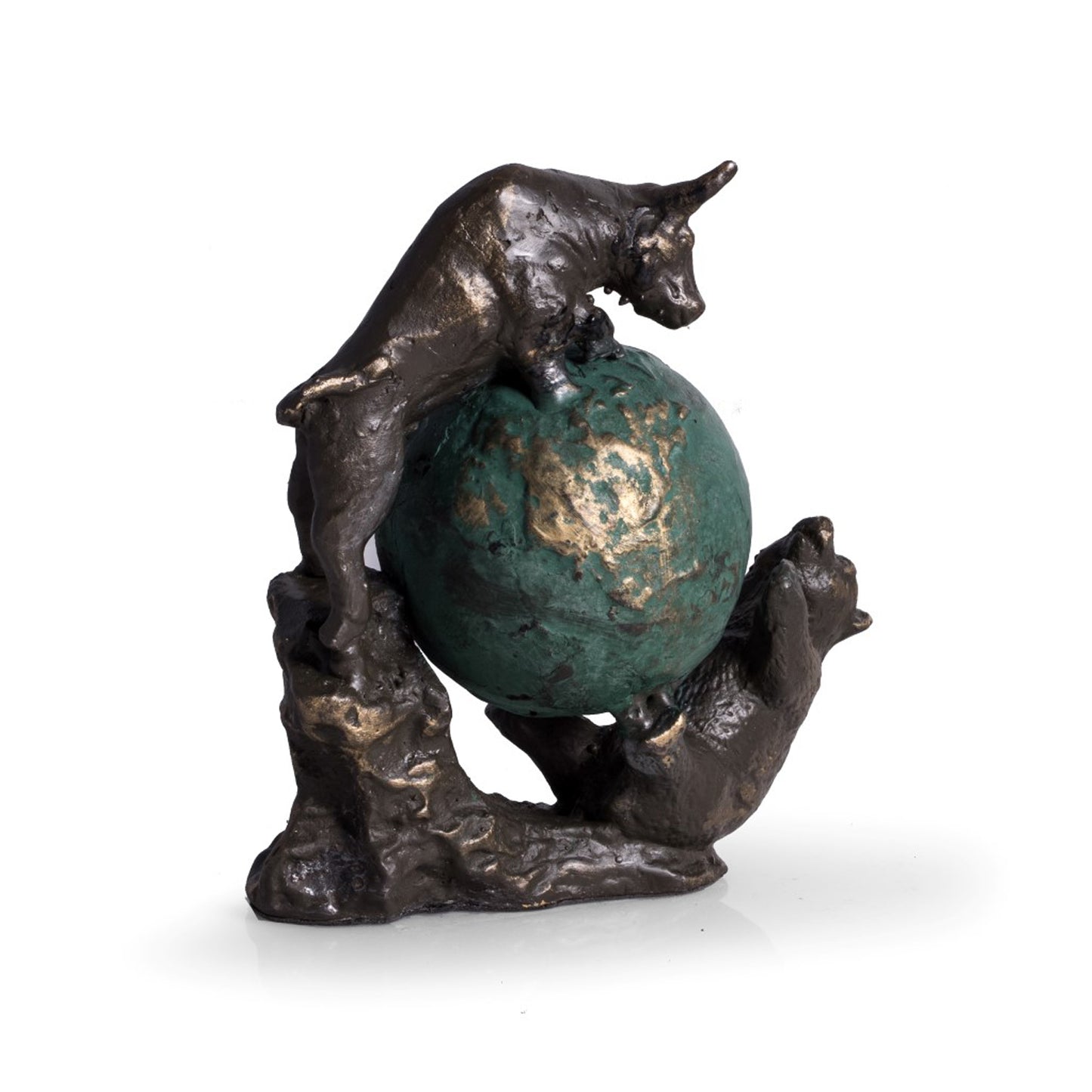 Occasion Gallery Bronze/Green Color Bronzed Finished Bull & Bear Fight Sculpture with Globe. 7.5 L x 4 W x 7.5 H in.