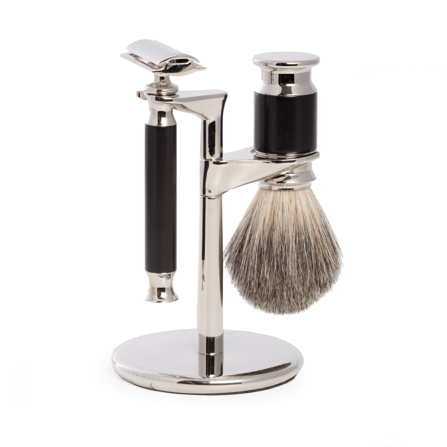 Occasion Gallery BLACK/SILVER Color Safety Razor & Pure Badger Brush on Chrome Stand with Black Accent. 3.25 L x W x 6 H in.