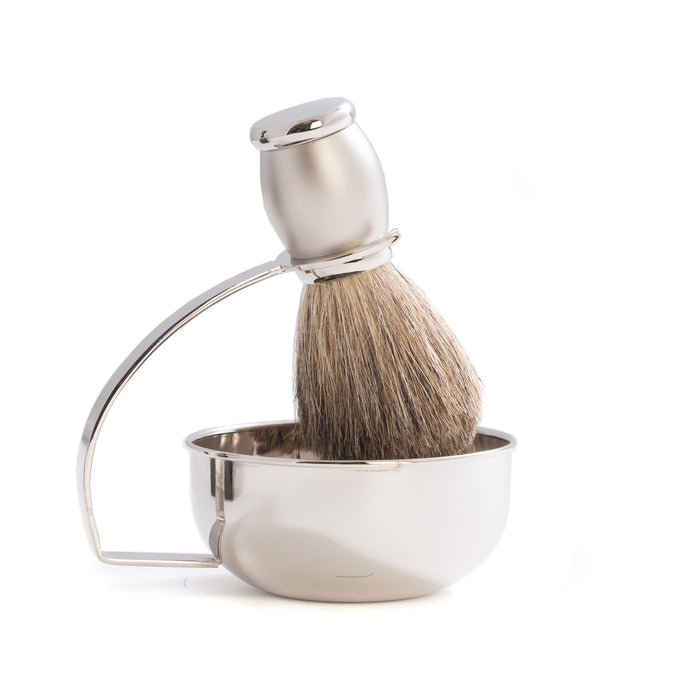 Occasion Gallery Silver Color Chrome Plated & Satin Finished Soap Dish with Pure Badger Brush. 3.5 L x 5 W x 4.5 H in.