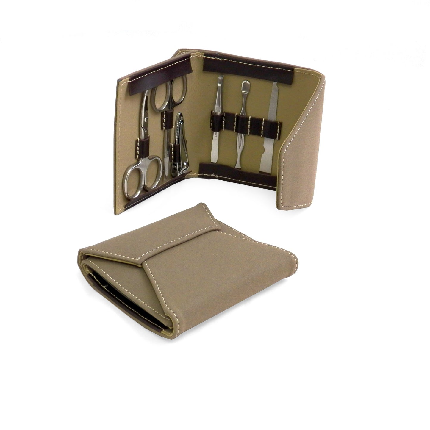 Occasion Gallery Suede Color 6 Piece Manicure Set with Cuticle Cleaner, Small Nail Clipper, 2 Scissors, File and Tweezers in Ultra Suede Case. 4 L x 4.5 W x 0.5 H in.