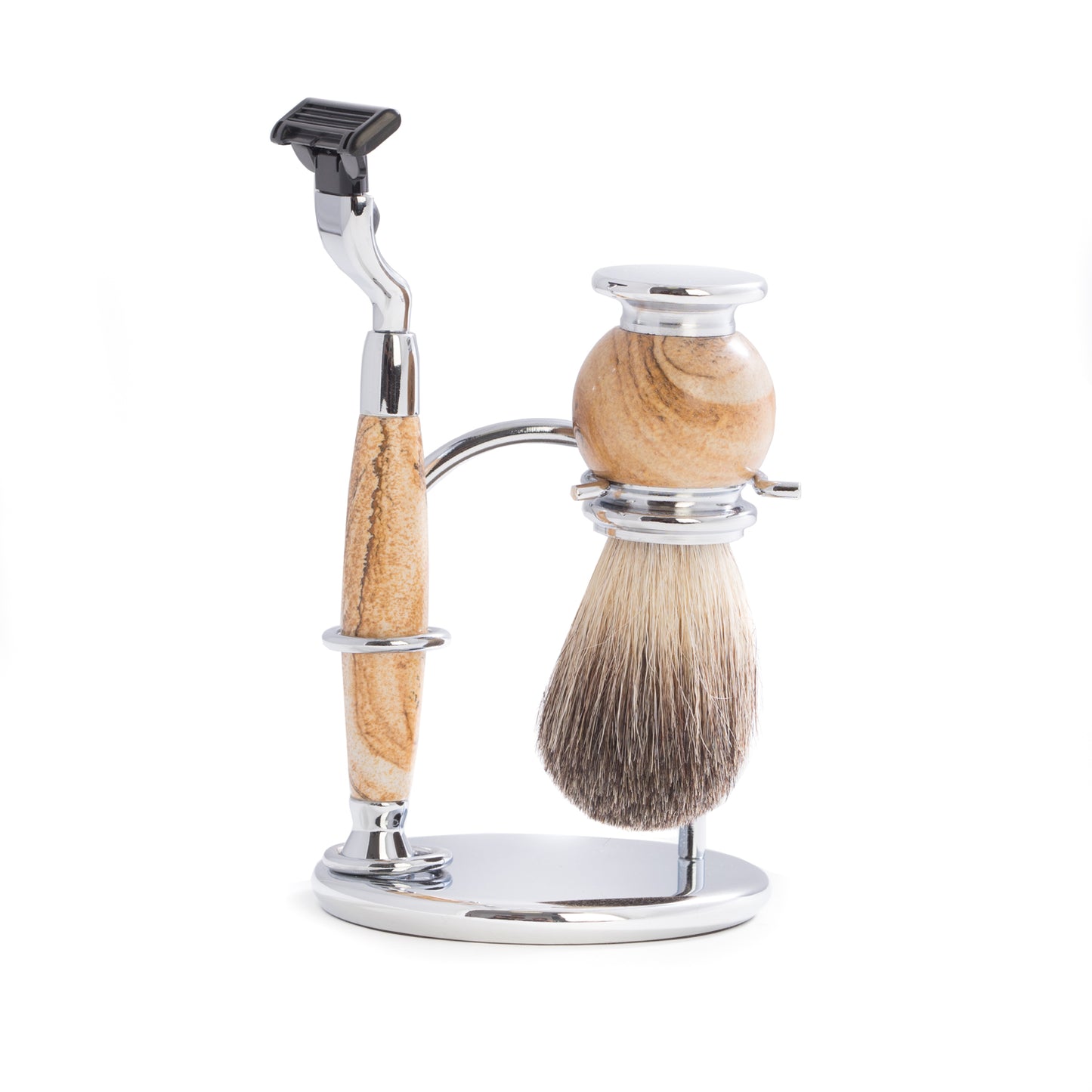 Occasion Gallery Tan Stone Color "Mach 3" Razor & Pure Badger Brush on Chrome with Tan Stone Stand. 3.25 L x 6 W x 3.25 H in.