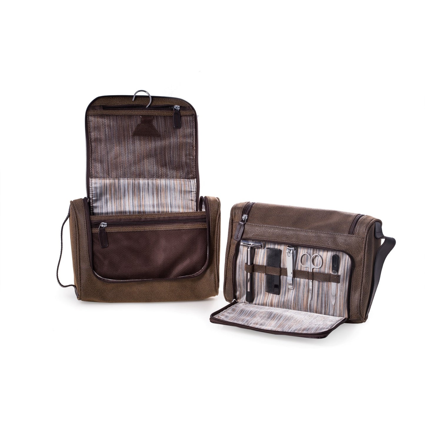 Occasion Gallery Brown Color Hanging Toiletry Bag with 5 Piece Manicure & Grooming Set. Includes "Trac II" Razor, Scissors, File, Small Clipper and Comb in a Brown Leather & Ultra Suede Finish. 11 L x 7.25 W x 3.5 H in.