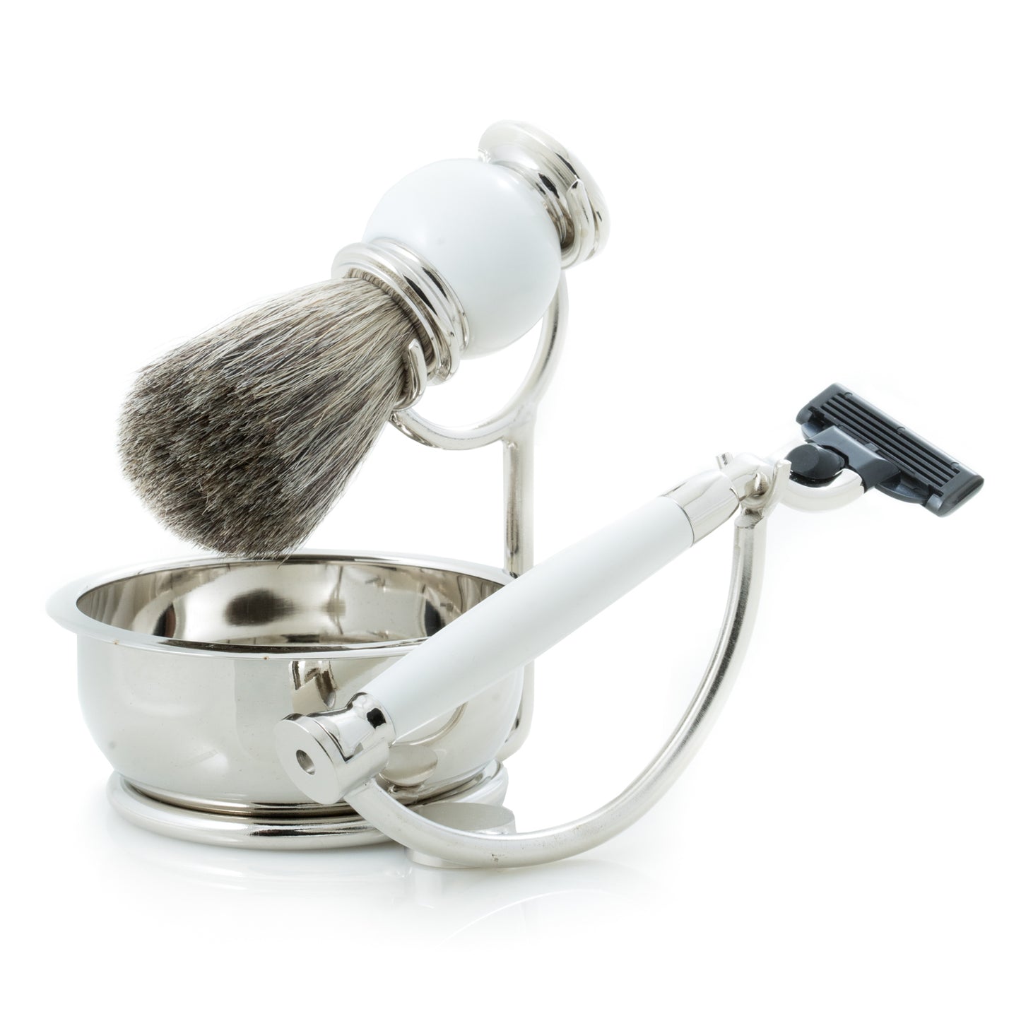 Occasion Gallery White Color "Mach 3" Razor with Badger Brush and Soap Dish on Chrome Stand and White Enamel Finish. 5 L x 4.5 W x 4.75 H in.