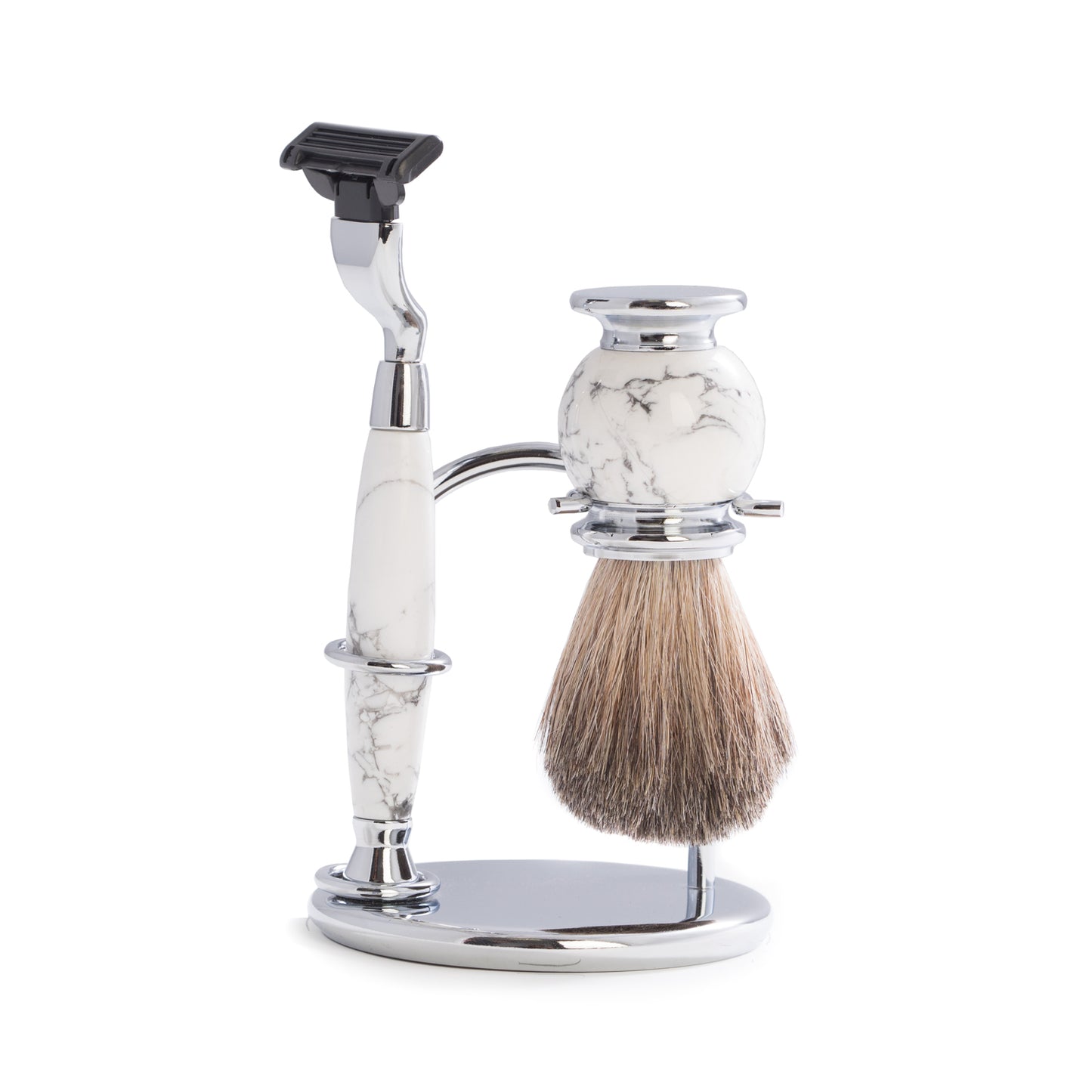 Occasion Gallery White Stone Color "Mach 3" Razor & Pure Badger Brush on Chrome with White Stone Stand. 3.25 L x 6 W x 3.25 H in.
