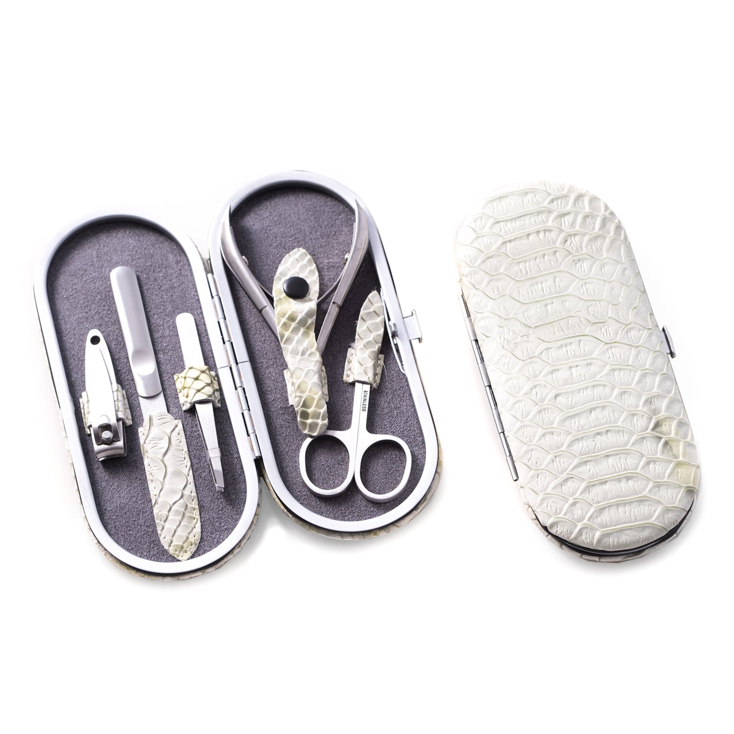 Occasion Gallery White Color 5 Piece Manicure Set with Small Clipper, File, Tweezers, Nipper and Scissors in "White Snake" Pattern Leather Case. 6.25 L x 3 W x 0.5 H in.