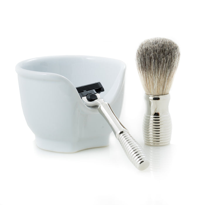 Occasion Gallery White Color Chrome Plated "Mach 3" Razor and Badger Brush with a White Porcelain Soap Dish. 4 L x 4.25 W x 5 H in.