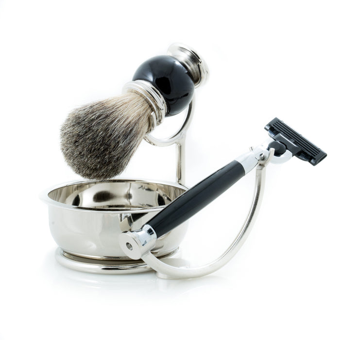 Occasion Gallery Black Color "Mach 3" Razor with Badger Brush and Soap Dish on Chrome Stand and  Black Enamel Finish. 5 L x 4.5 W x 4.75 H in.