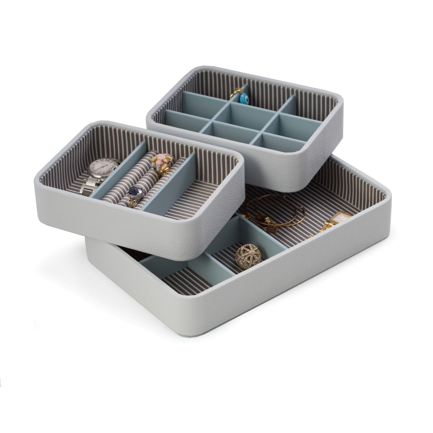 Occasion Gallery Blue Color Light Blue Leatherette Open Face Stackable Jewelry Organizer with Multi Compartments, Including Slots for Rings. 11.5 L x 7.5 W x 4 H in.