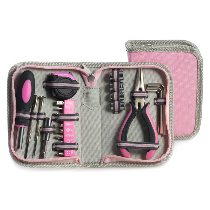 Occasion Gallery Pink Color 23 pc. Tool Set in Pink Canvas Case. Includes Hex Keys, Screwdriver Set, Socket Set, Socket Adaptor, 3' Tape Measure in Metric & Standard, Long Nose & Straight Slot &  Phillips Jewelers Screwdrivers.  4.5 L x 6 W x 1.25 H in.