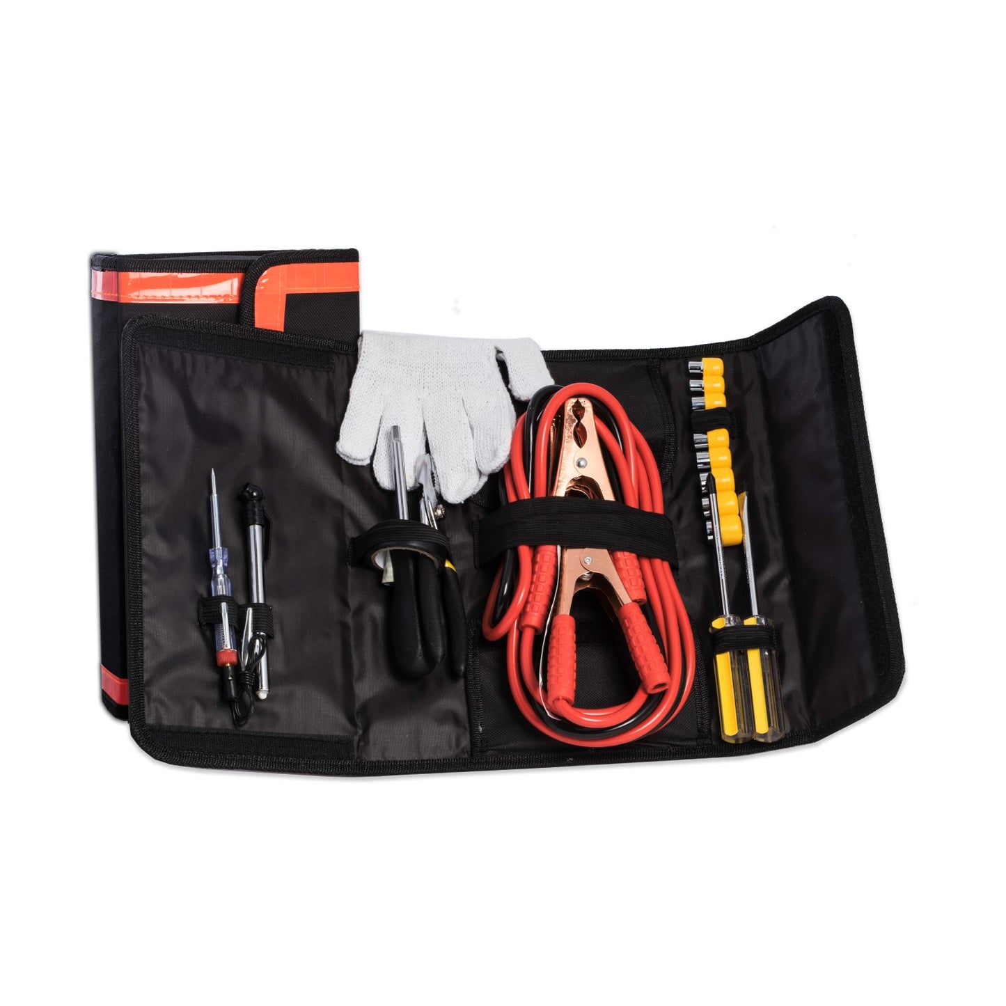 Occasion Gallery BLACK/ ORANGE Color 11 Piece Car Emergency Tool Set. Includes Canvas Carrying Case w/ Emergency Reflectors, Jumper Cables, Tire Gage, Ratchet Set, Safety Gloves, Electric Tape, Pliers, & Circuit Tester. 11.75 L x 3.25 W x 6.25 H in.