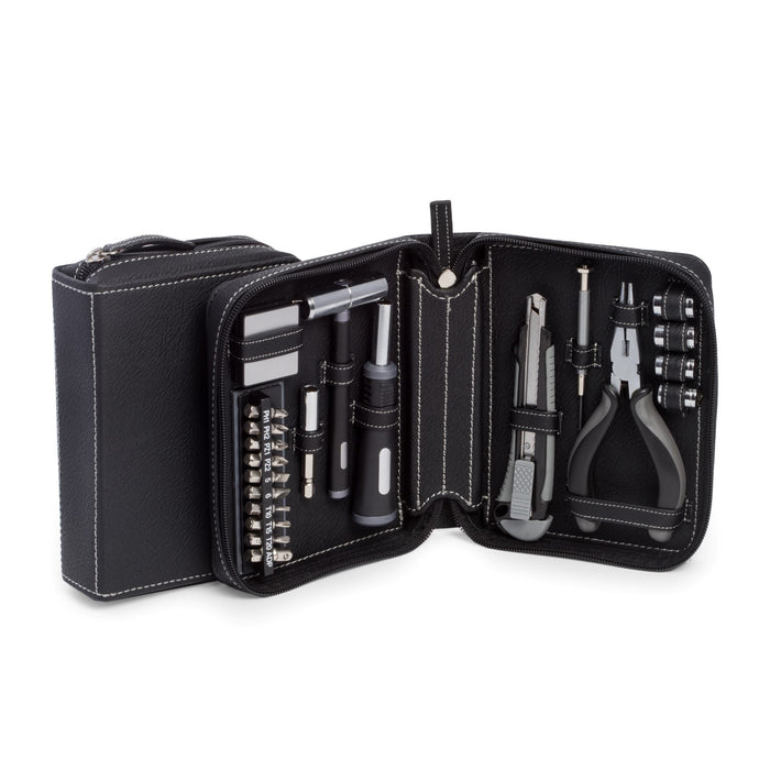 Occasion Gallery Black 22 pc. Tool Set in Black Leatherette Case. Includes Needle Nose Pliers, 4 Socket Set, 10 Piece Screwdriver Set, Socket Adapter, 3' Tape Measure in Metric & Standard, & 1 Phillips Jewelers Screwdriver.  4.75 L x 1.75 W x 6.75 H in.